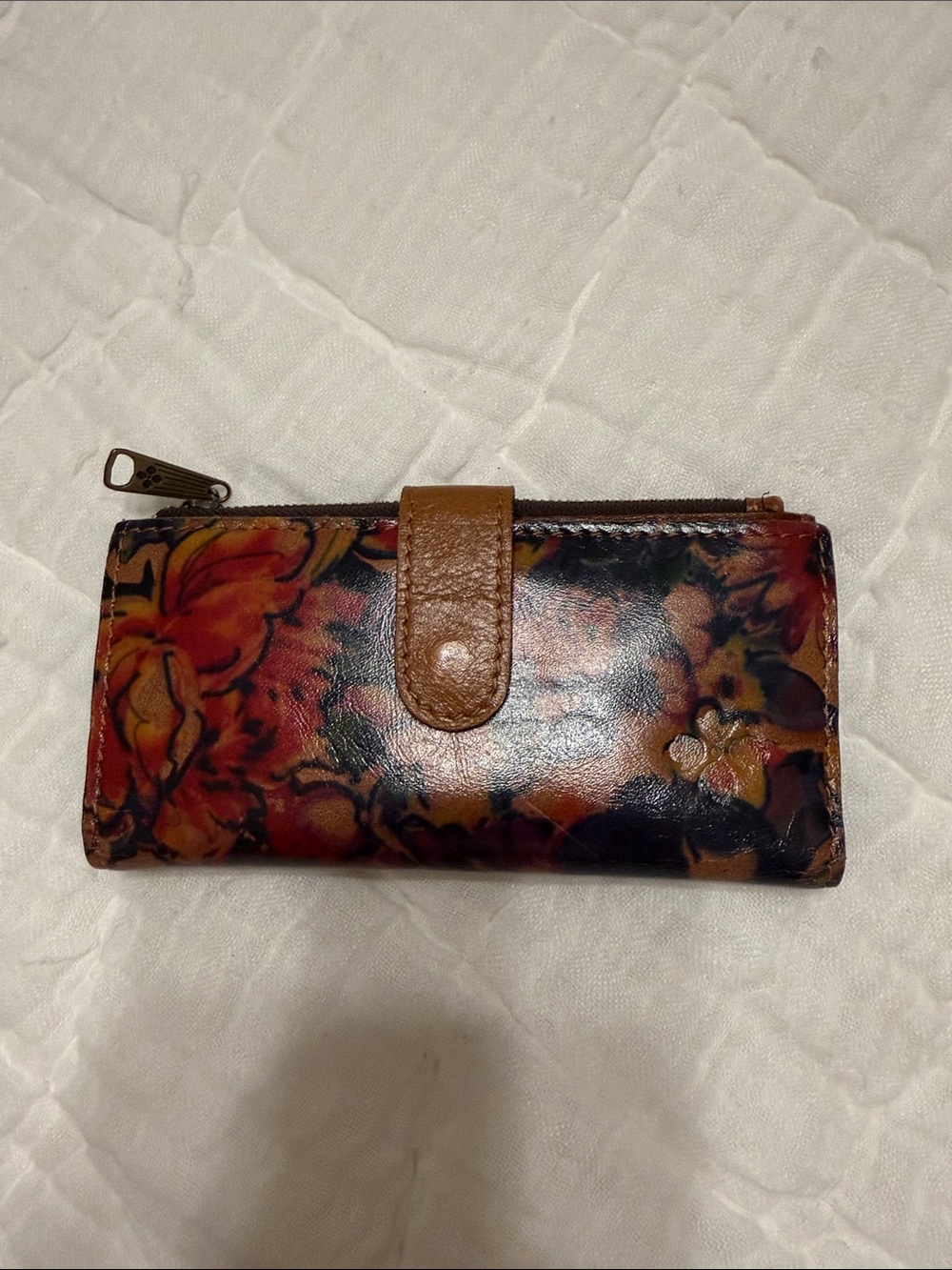 Patricia Nash Floral Multi-Color Leather Wallet with Brown Trim